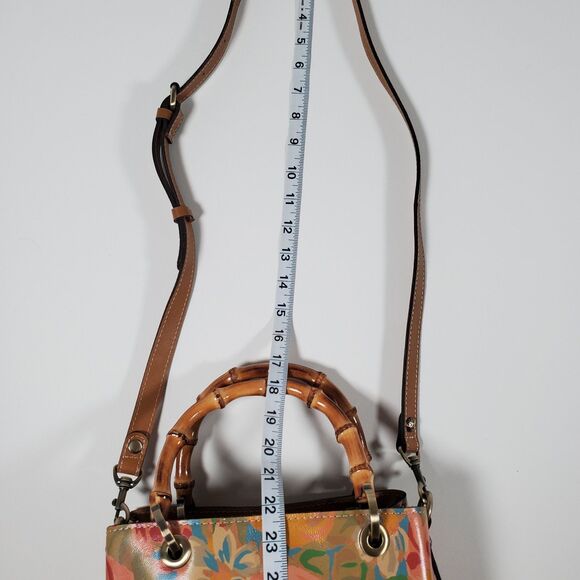 Patricia Nash Purse Watercolor Brown Leather Floral Bamboo Handle Crossbody - Picture 10 of 11